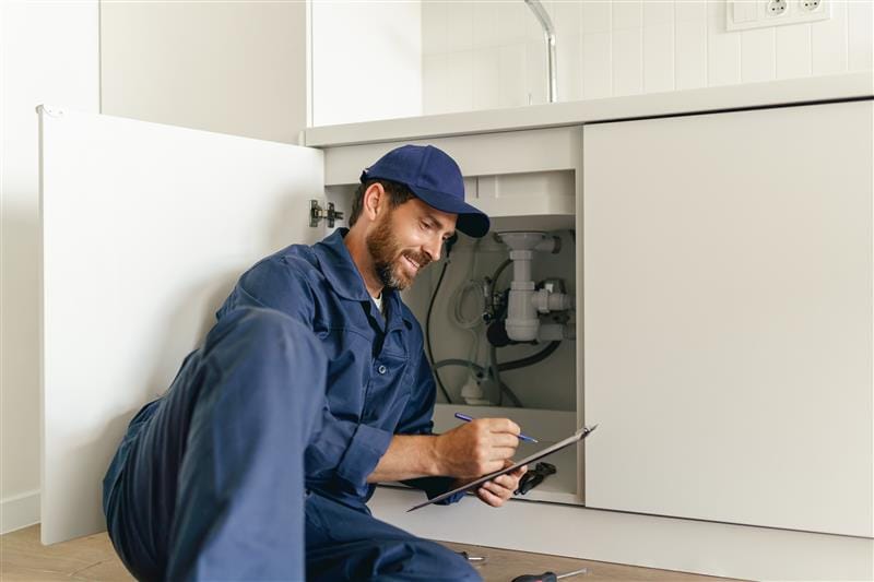 Residential plumber reviewing plumbing repairs in a Fort Walton Beach kitchen