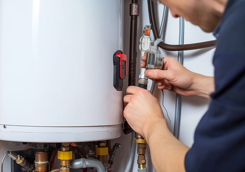 Technician repairing pipes connected to a water heater in Fort Walton Beach